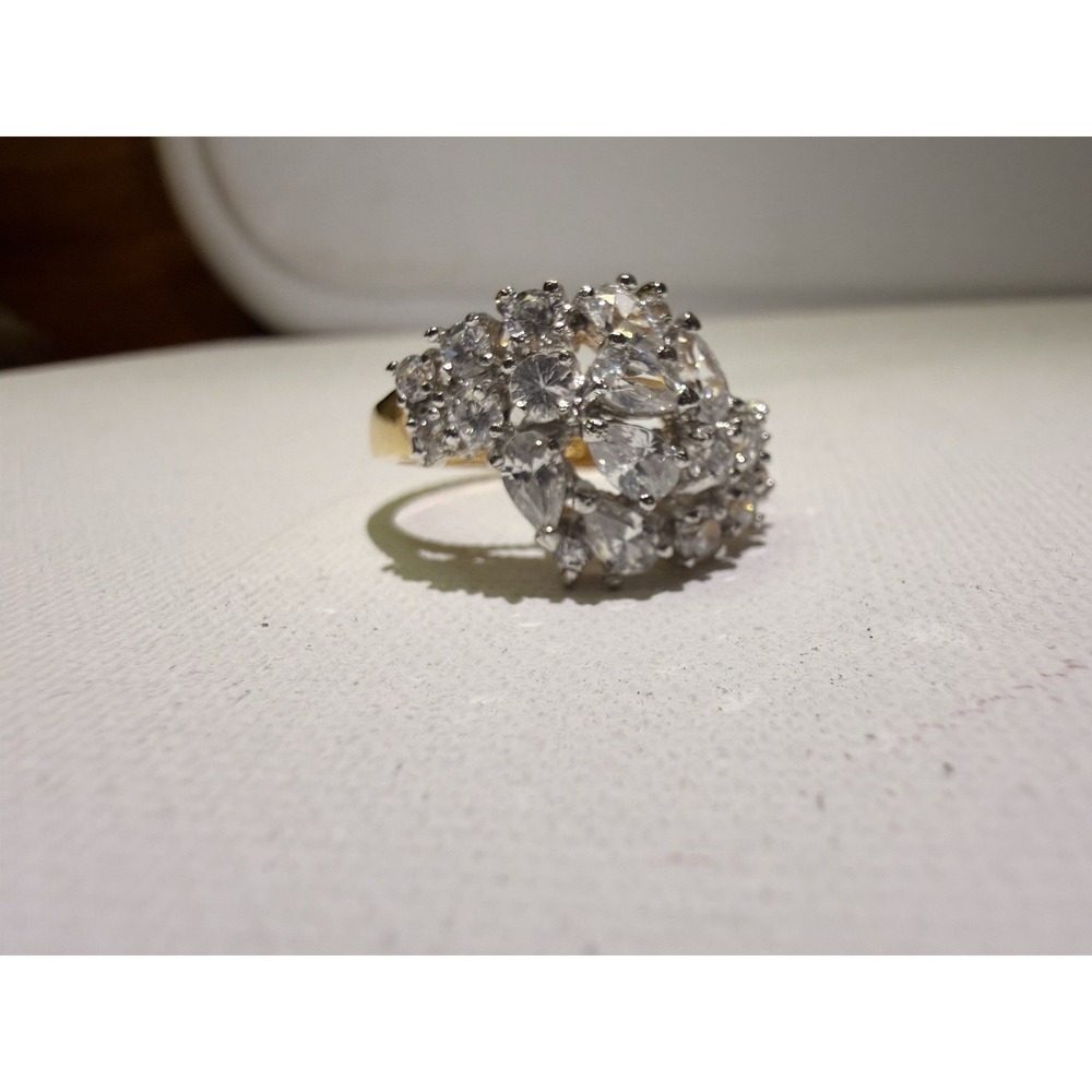Vintage 925 Sterling Silver Gold Vermeil CZ Cluster Cocktail Ring Size 10